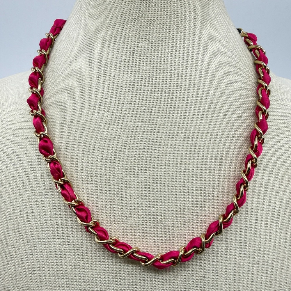Hot Pink Ribbon Woven Chain Headband Gold Tone Boho Festival Hair Accessory Gift